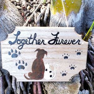 Original Cat and Dog hand painted wooden plaque